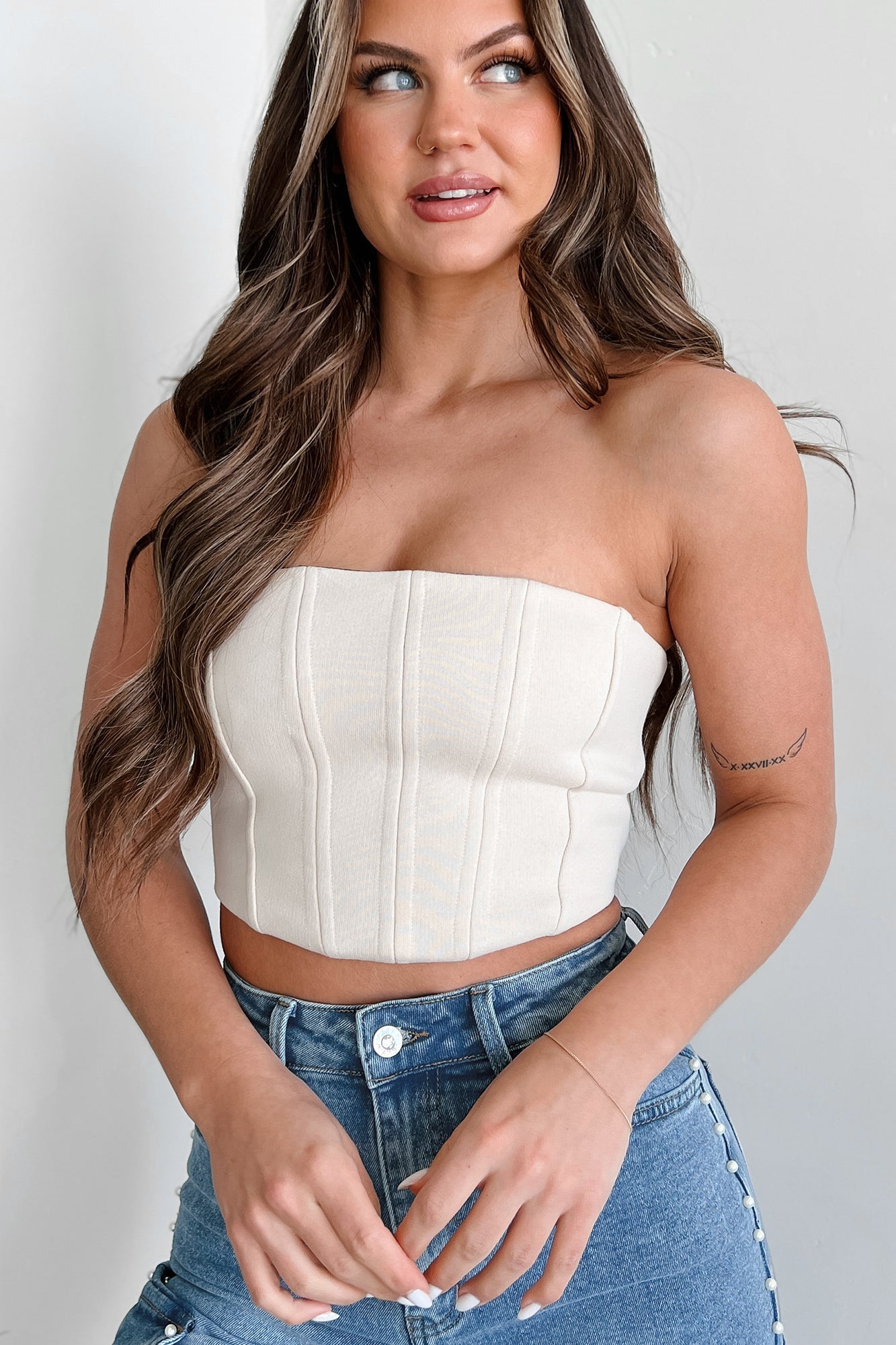 Playing The Player Strapless Lace-Up Crop Corset Top (Ecru)