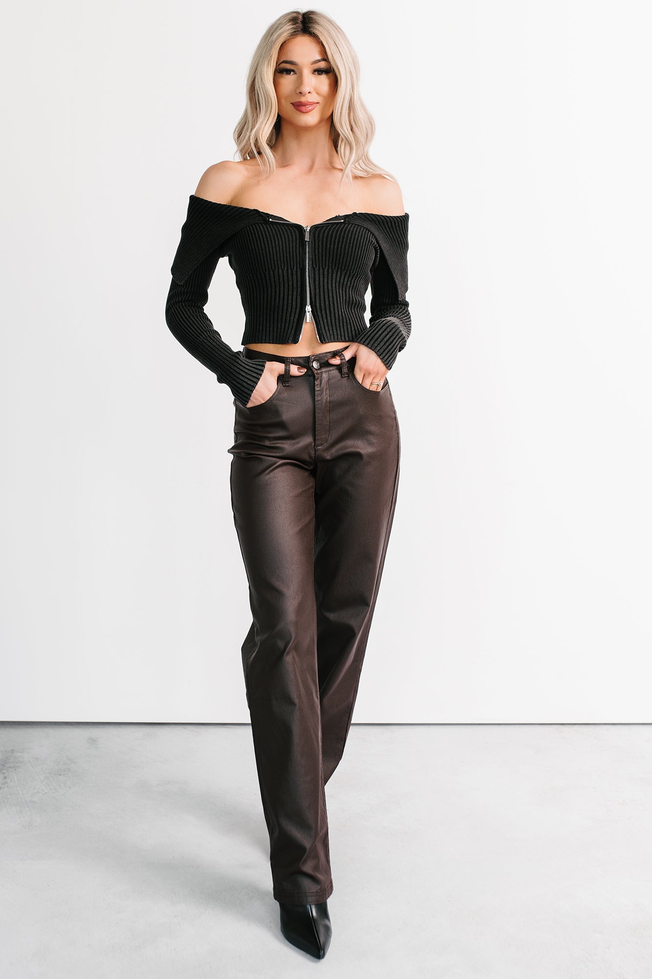 Sweet Spell Off The Shoulder Zip-Up Sweater (Black)