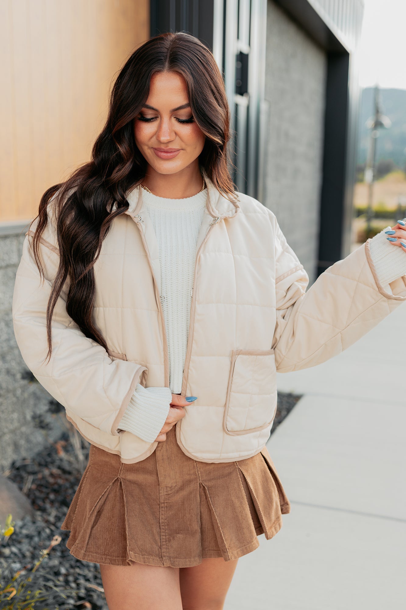 Pure Desire Contrast Trim Quilted Puffer Jacket (Beige)