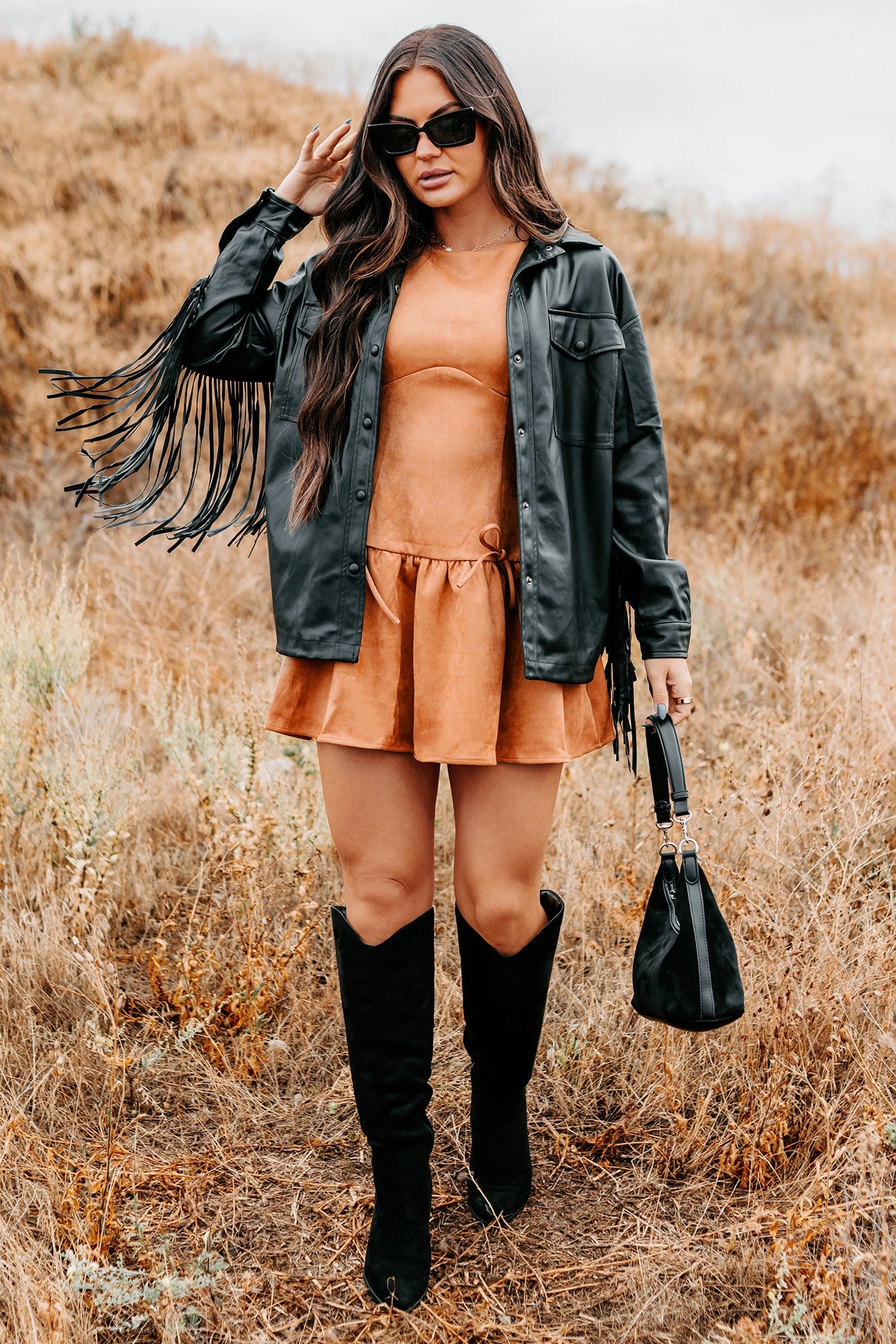 Wild West Whimsy Fringe Faux Leather Jacket (Black)