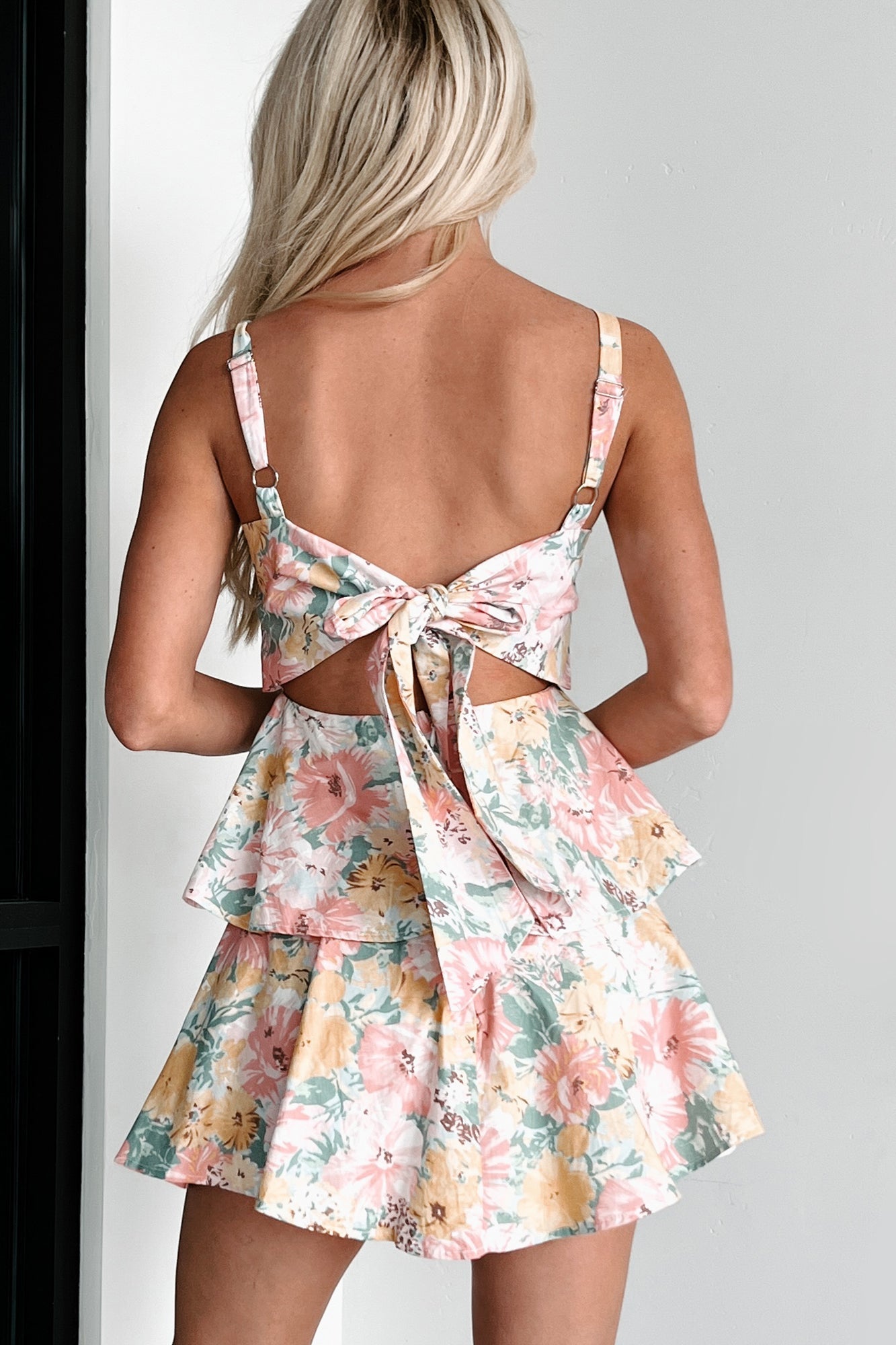 Sipping Chardonay Tiered Floral Mini Dress (Multi Blush)
