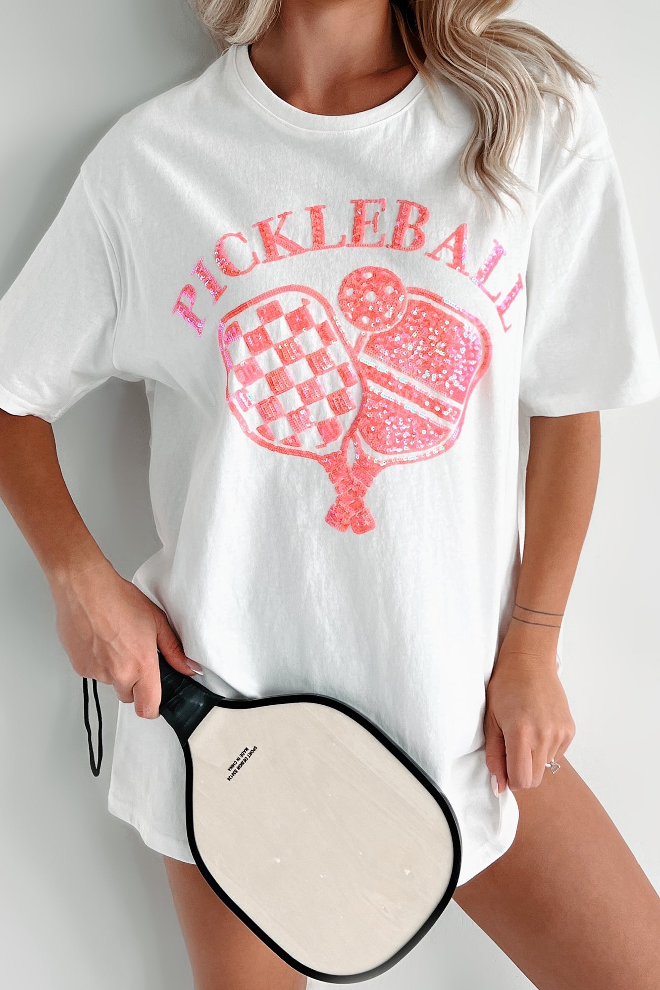 Prepped For Pickleball Oversized Sequin Graphic T-Shirt (Off White)