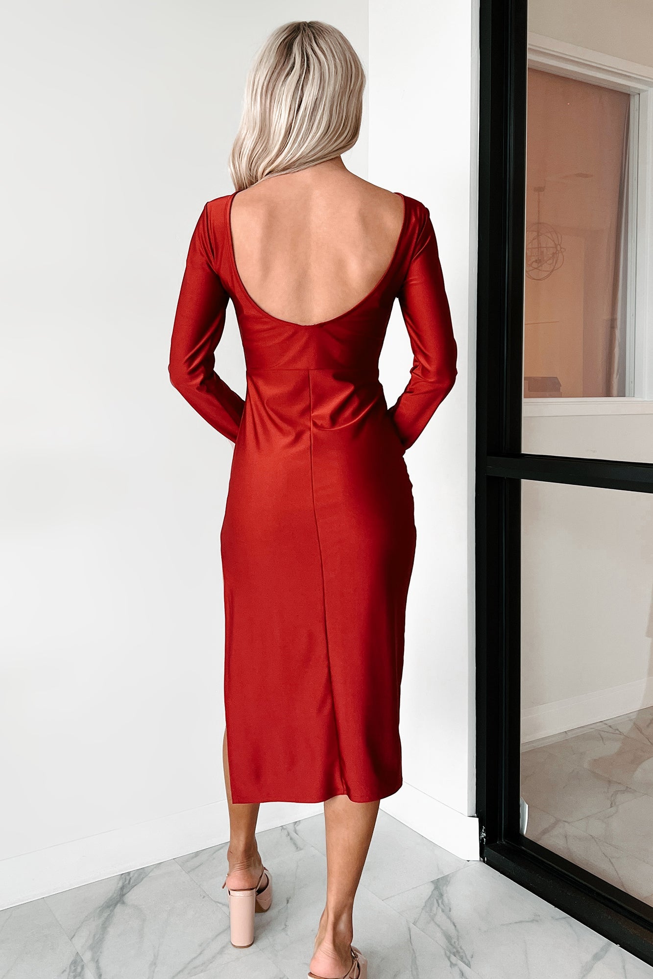 Style Essence Long Sleeve Midi Dress (Burgundy Red)
