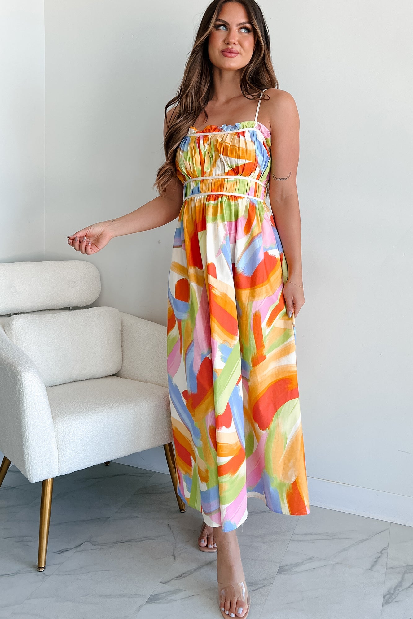 Passionate Response Printed Maxi Dress (White/Blue/Yellow)