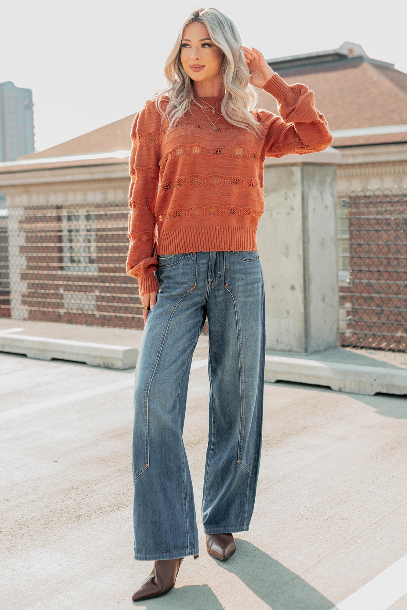 Quiet Mornings Open Knit Detailed Sweater (Terracotta)