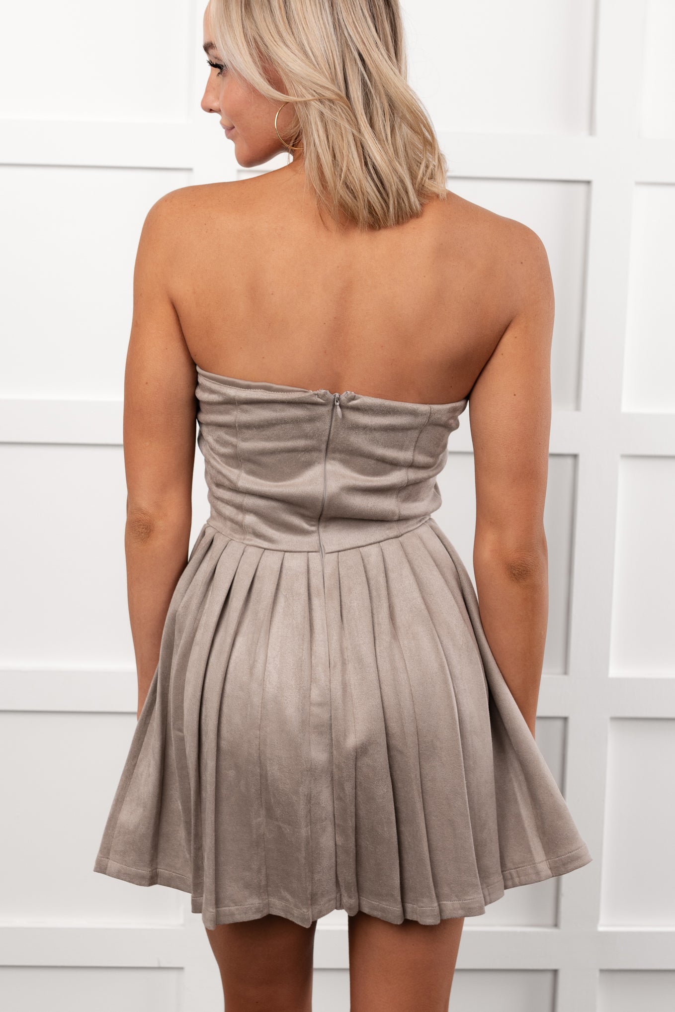 Up A Notch Faux Suede Pleated Mini Dress (Cement)