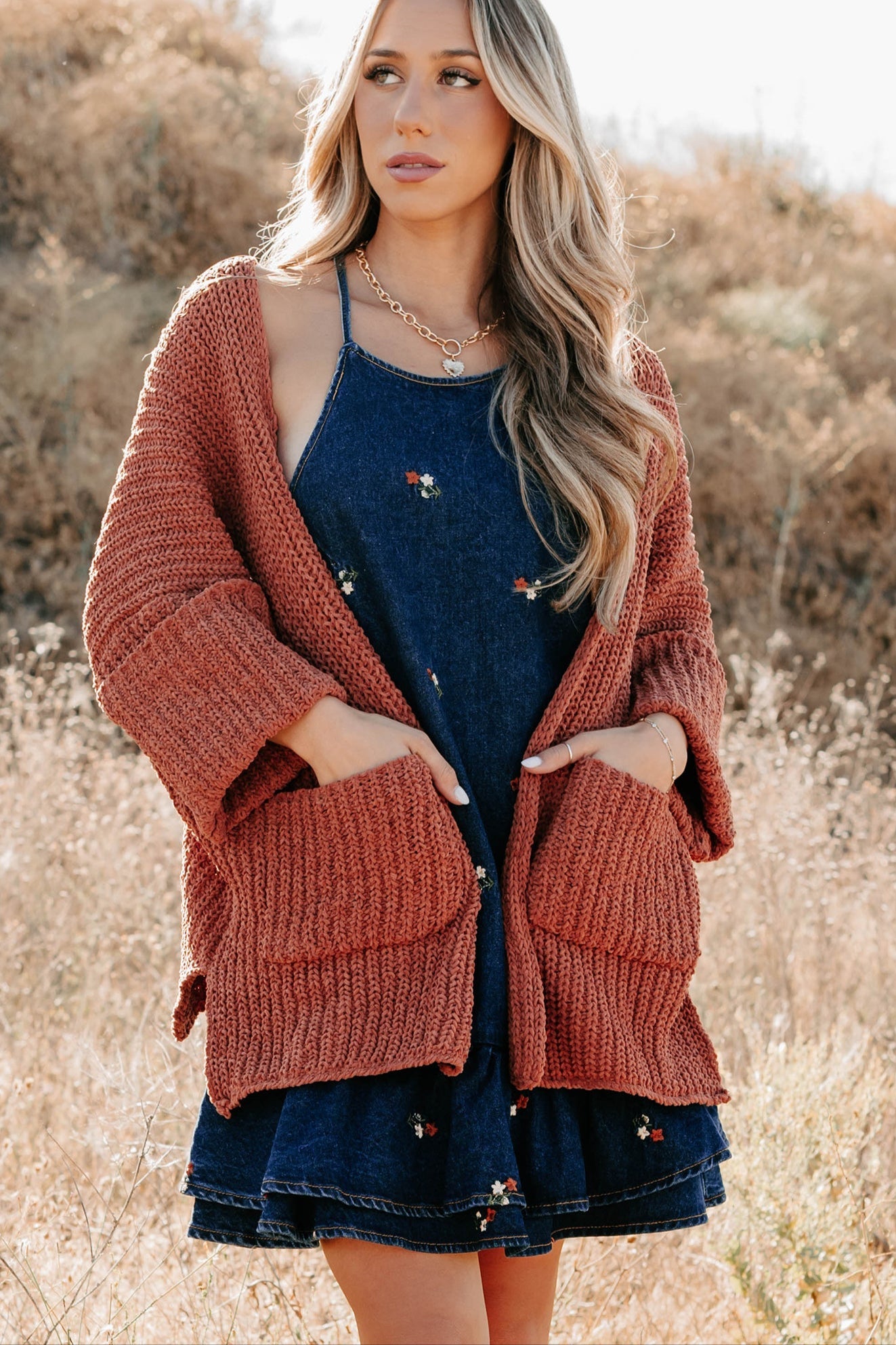 Quiet Times Cuffed Sleeve POL Cardigan (Brick)