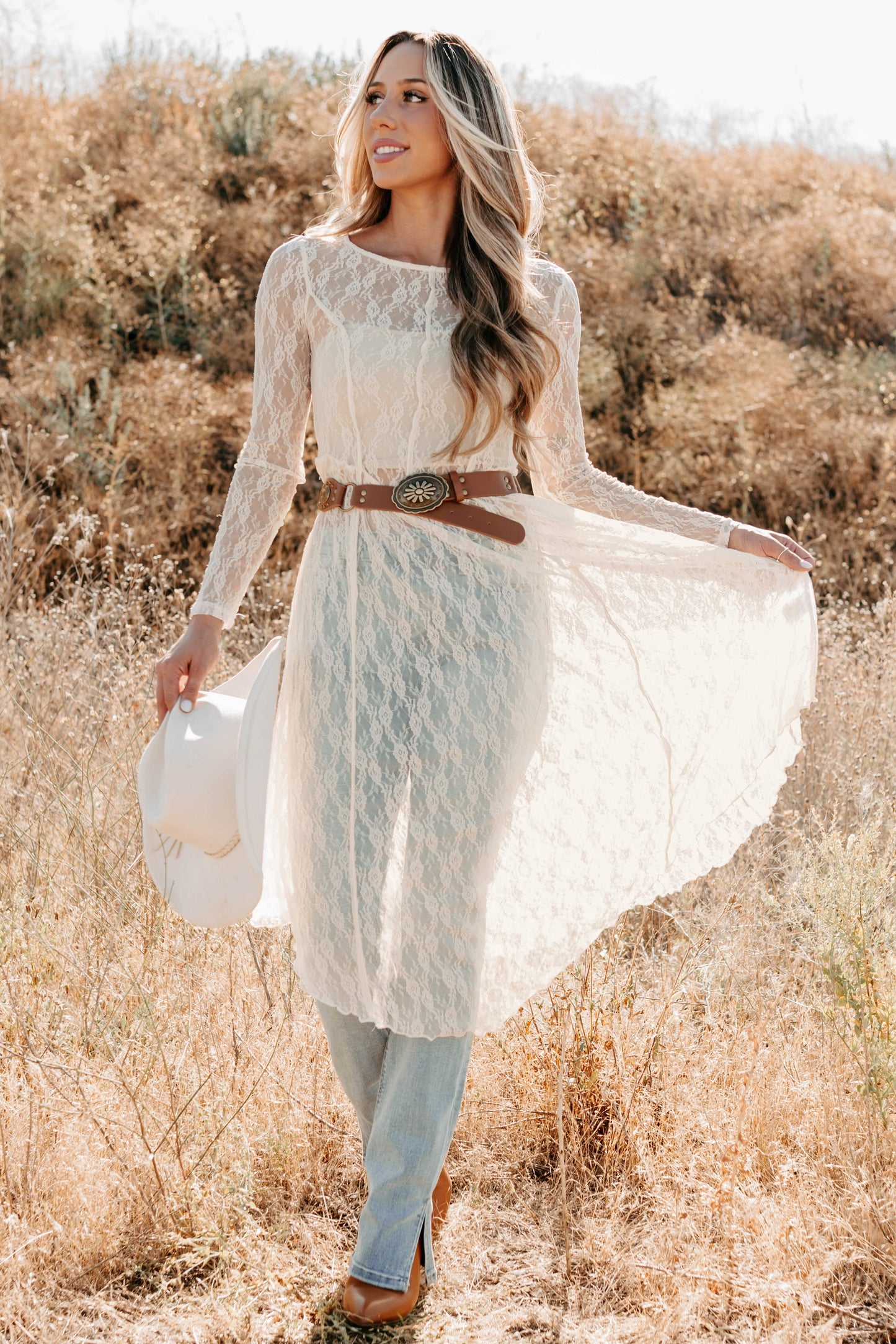 Spirit Dances Sheer Lace Midi Layering Dress (Ecru)