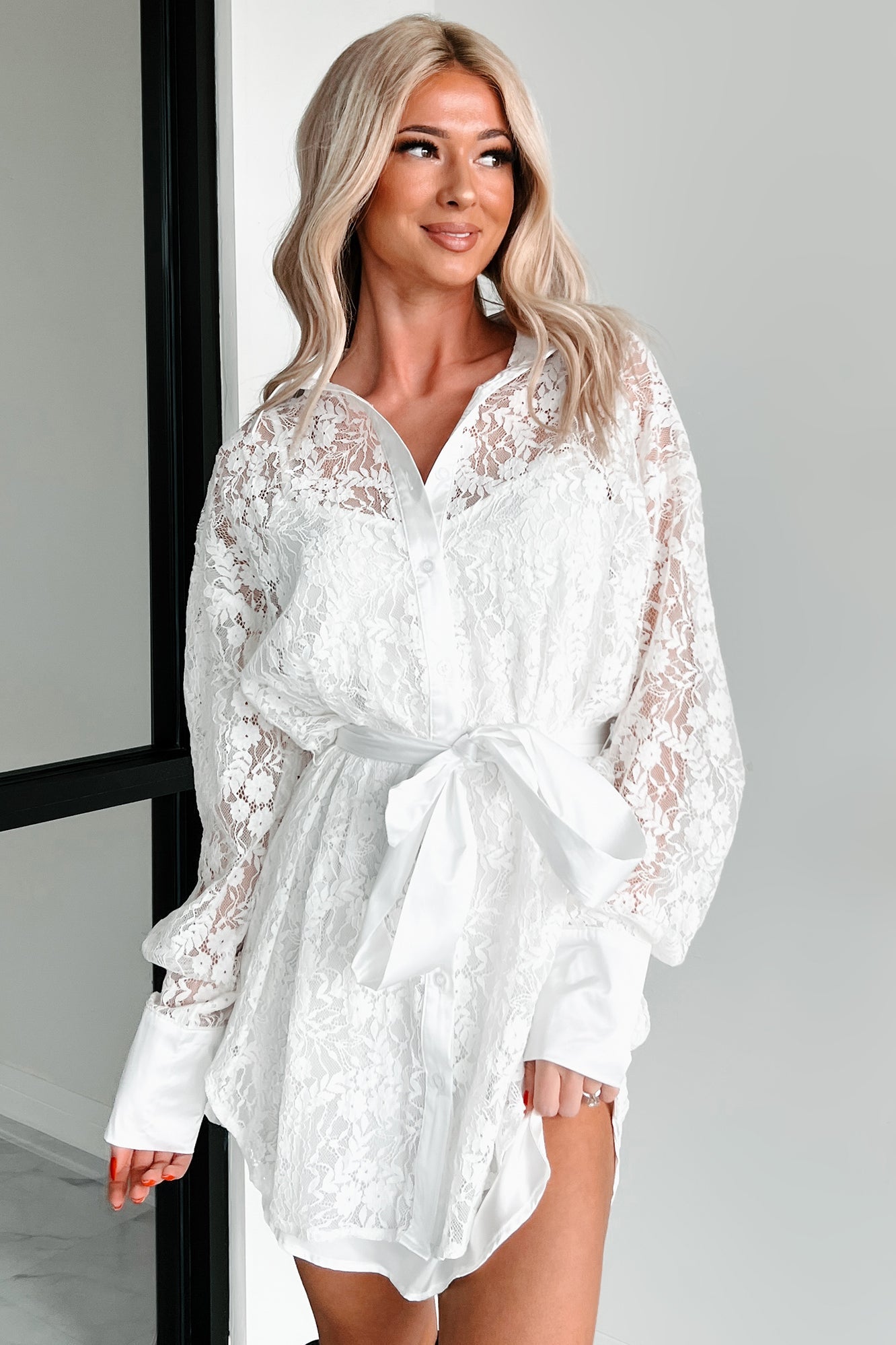 Slice Of Heaven Lace Shirt Dress (White)
