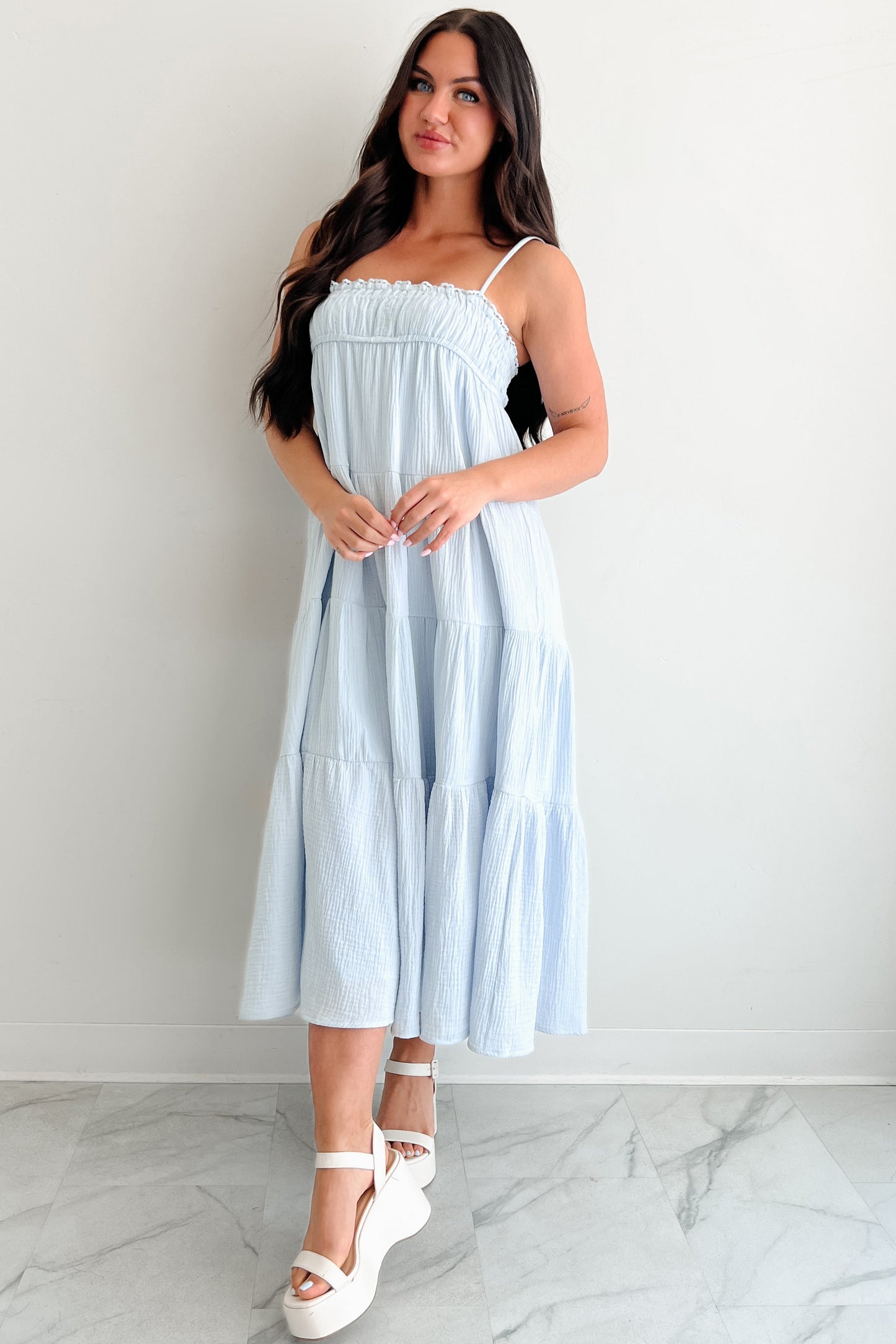 Twilight Glow Sleeveless Tiered Maxi Dress (Light Blue)