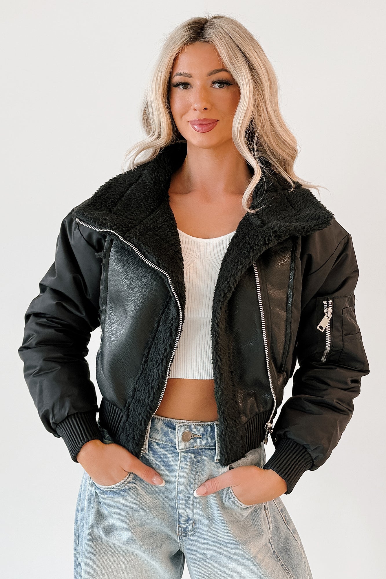 Untamed Icon Faux Leather Sherpa Jacket (Black)