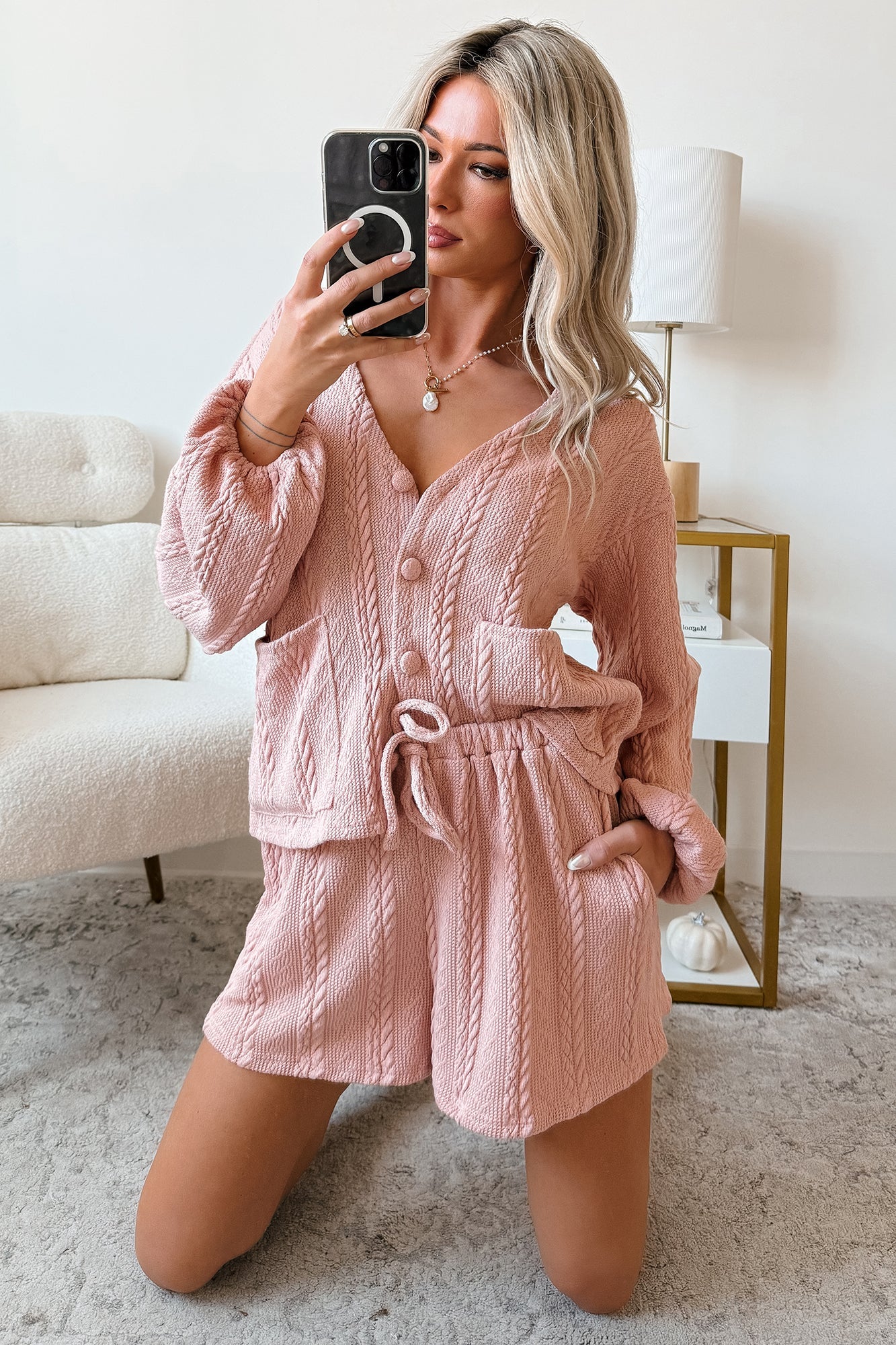 Sweet & Steady Cable Knit Cardigan Set (Dusty Pink)