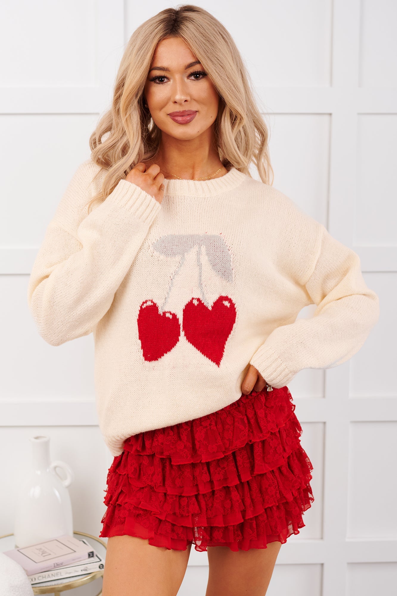 Timeless Romance Heart Cherry Print Sweater (Ivory)
