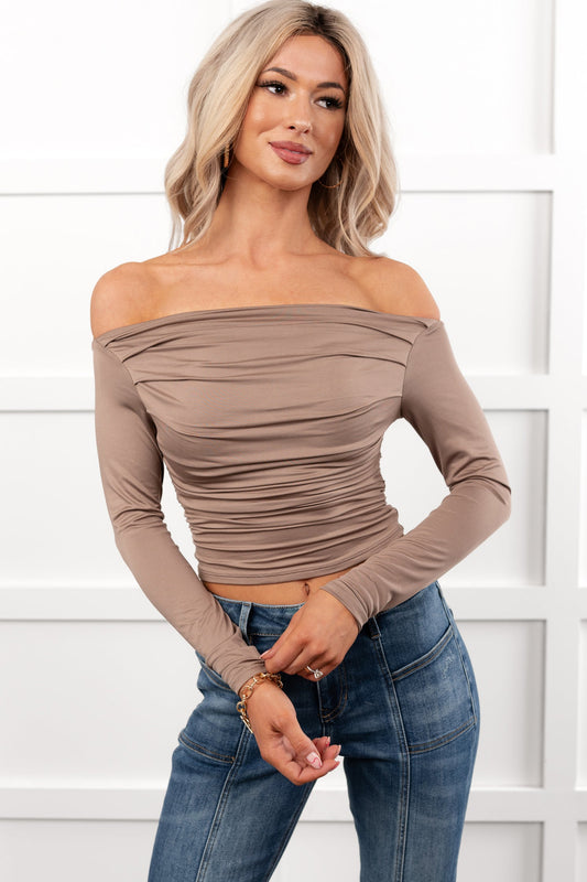Rosy Reality Boat Neck Long Sleeve Crop Top (Taupe)