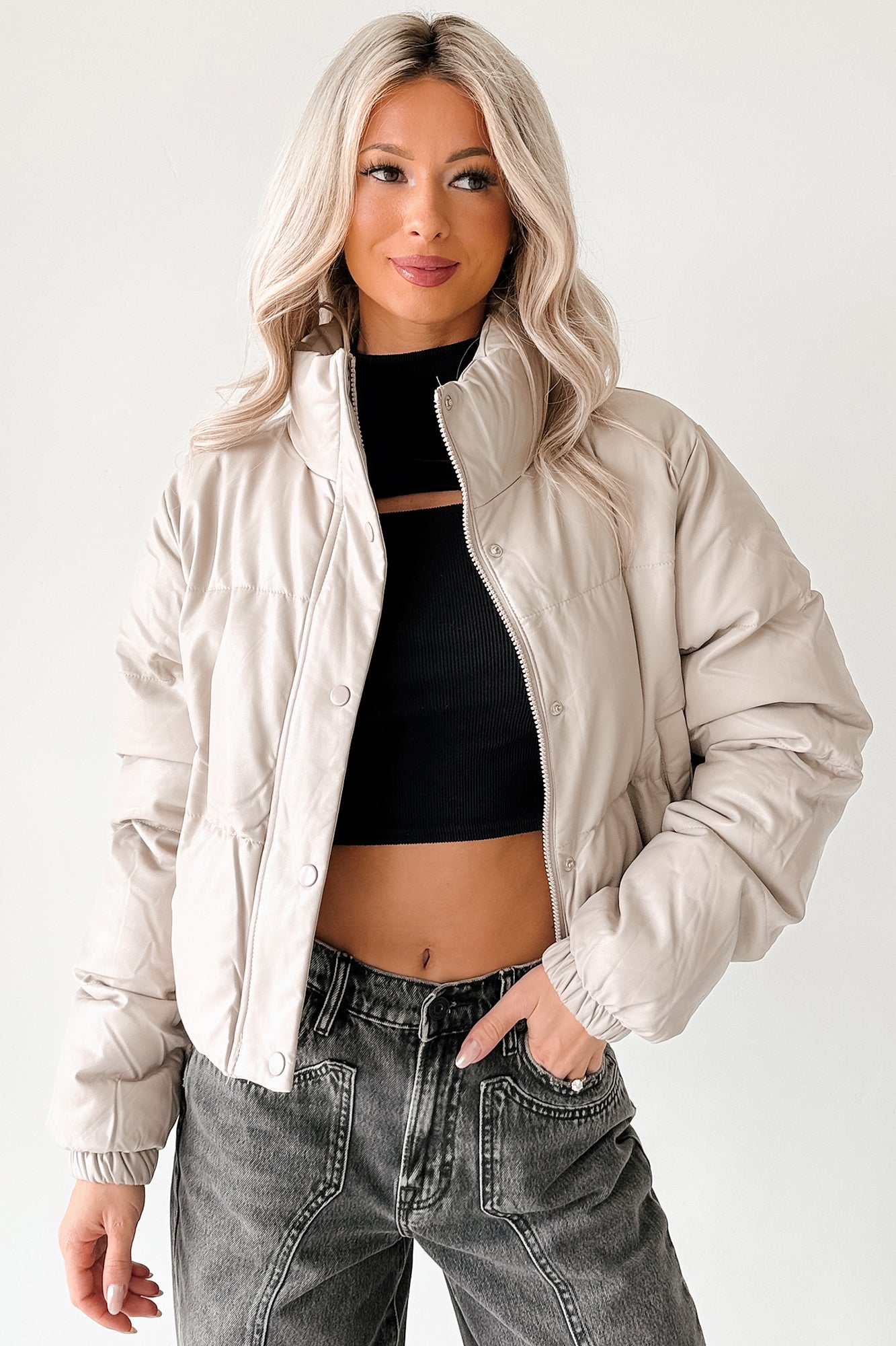 Shine Your Way Faux Leather Puffer Jacket (Taupe)