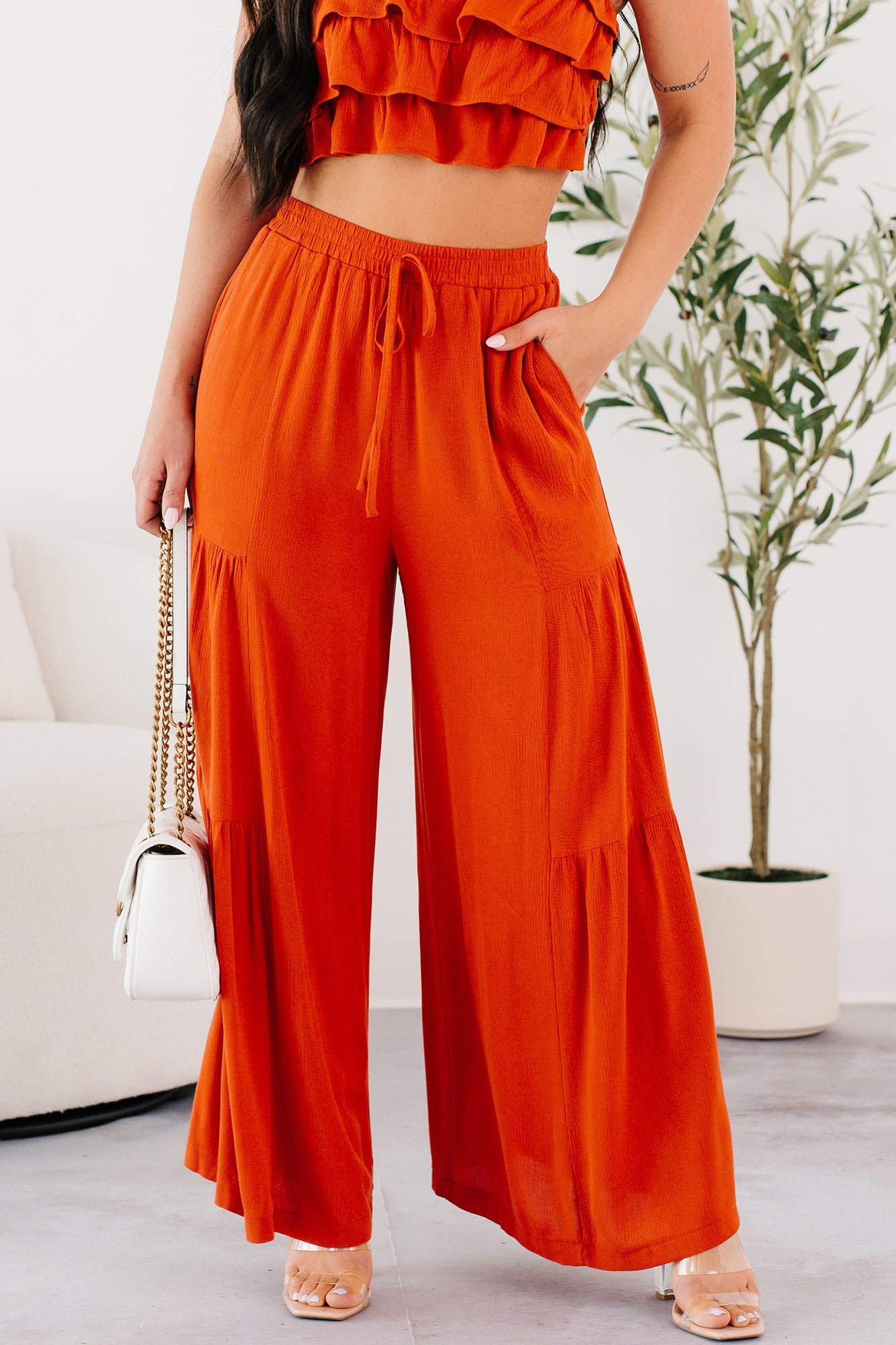 Vivid Blooms Ruffled Tube Top & Pant Set (Rust)