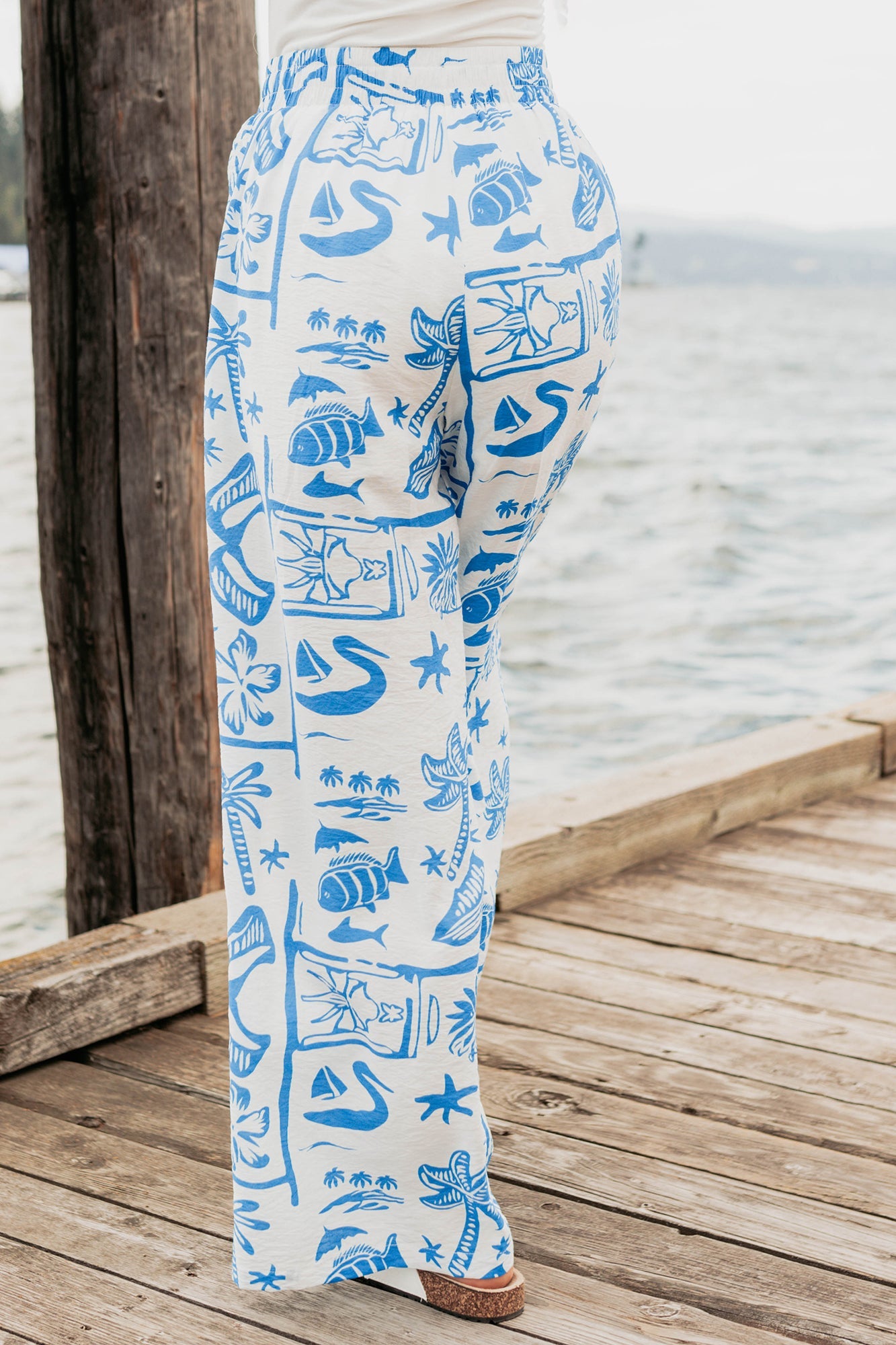 Saltwater Serenade Tropical Pattern Wide Leg Pants (Blue)