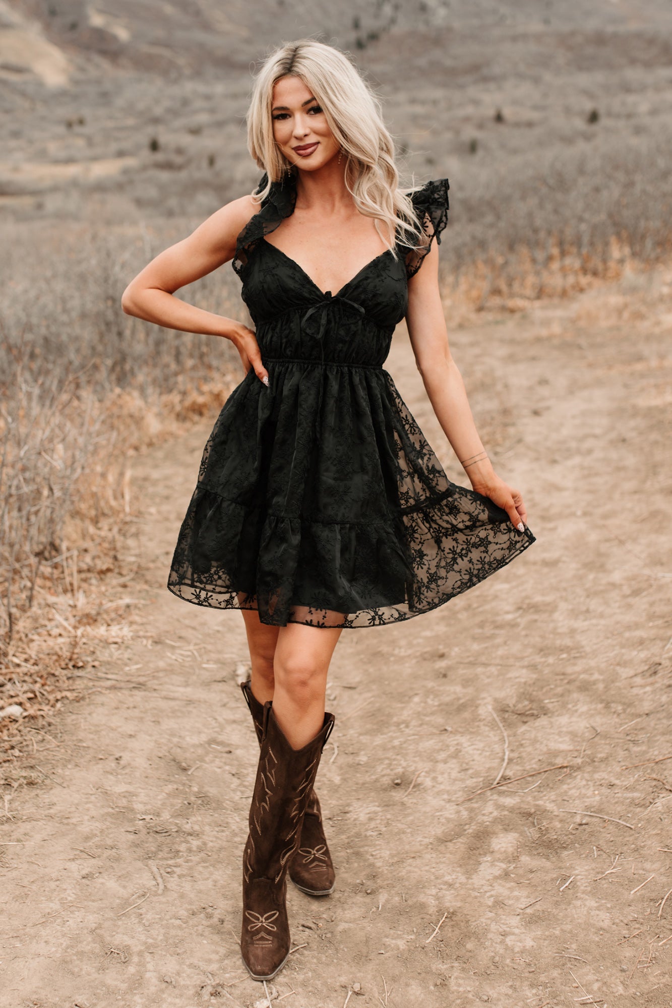 Petals In The Sun Chiffon Embroidered Mini Dress (Black)