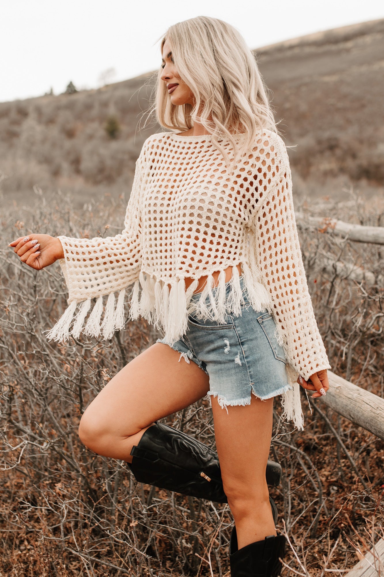 Open Skies Boatneck Crochet Sweater Fringe Top (Cream)